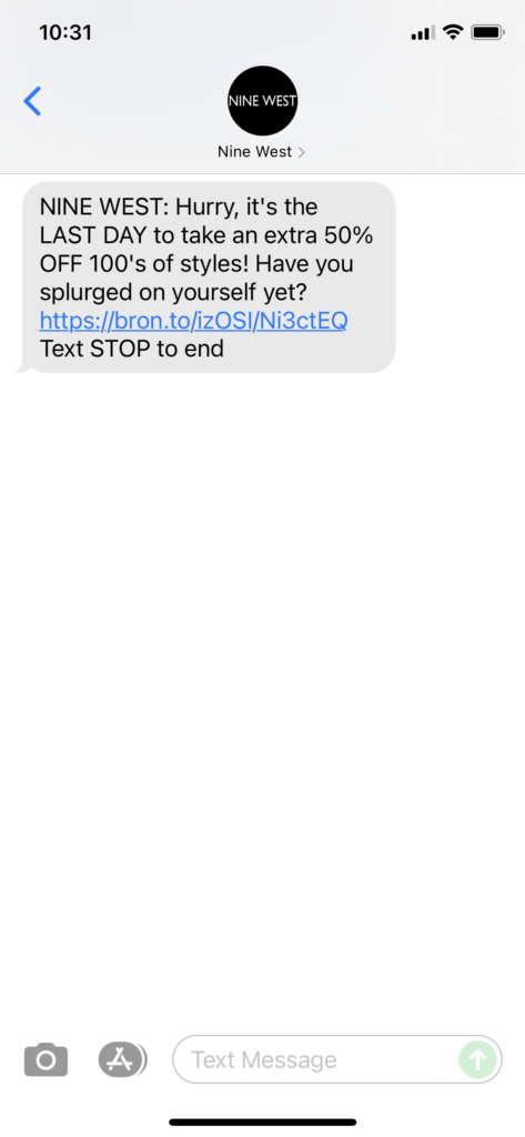 Nine West Text Message Marketing Example - 07.17.2021