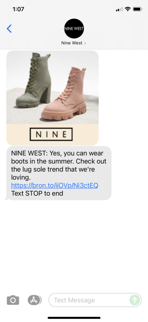 Nine West Text Message Marketing Example - 07.19.2021