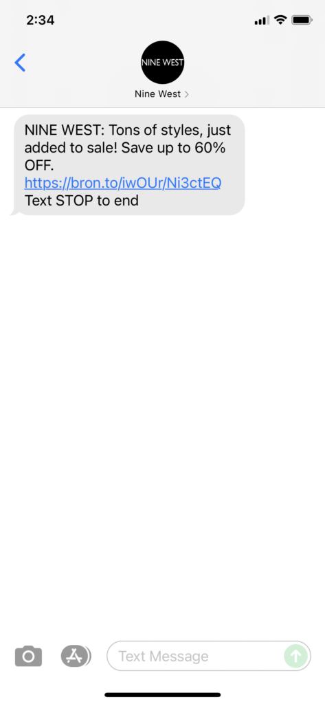 Nine West Text Message Marketing Example - 07.26.2021