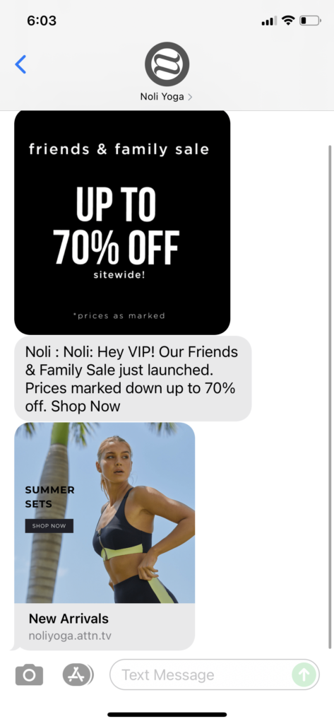 Noli Yoga Text Message Marketing Example - 07.22.2021