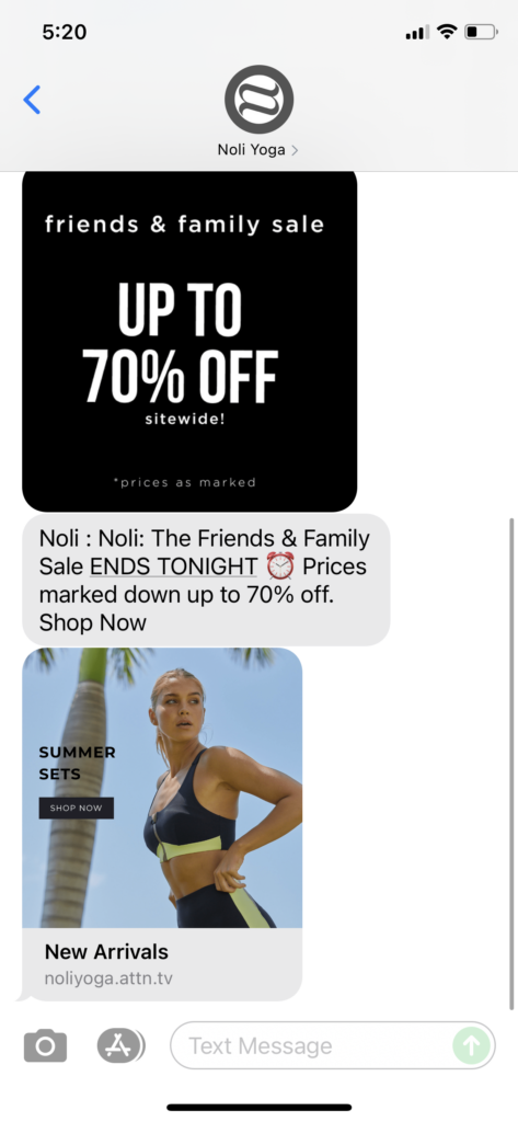 Noli Yoga Text Message Marketing Example - 07.25.2021