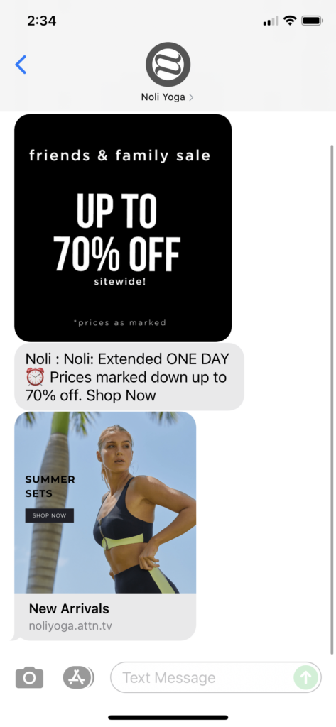 Noli Yoga Text Message Marketing Example - 07.26.2021