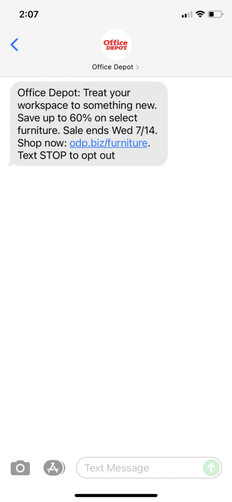 Office Depot Text Message Marketing Example - 07.13.2021