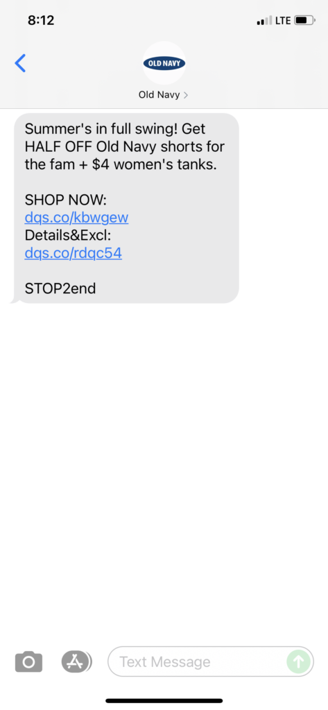 Old Navy Text Message Marketing Example - 06.26.2021