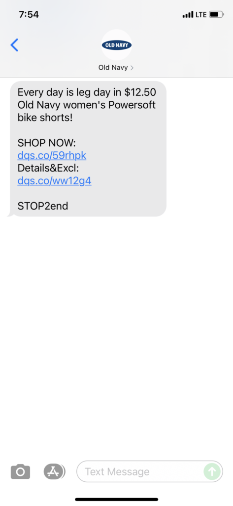 Old Navy Text Message Marketing Example - 06.27.2021