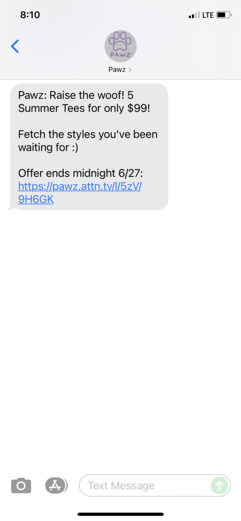 PAWZ Text Message Marketing Example - 06.26.2021