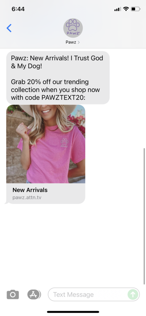 PAWZ Text Message Marketing Example - 07.07.2021