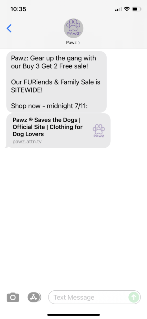 PAWZ Text Message Marketing Example - 07.10.2021