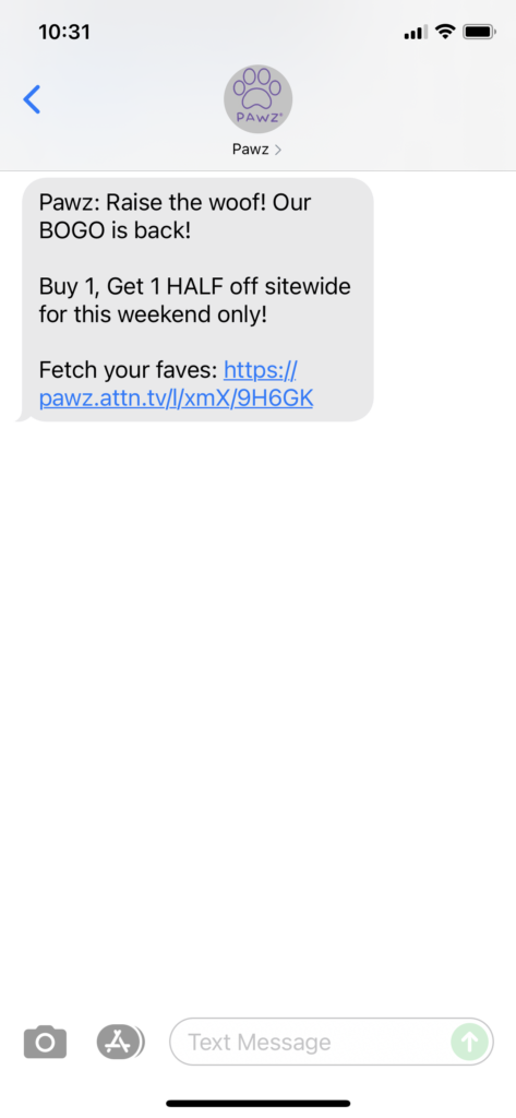 PAWZ Text Message Marketing Example - 07.17.2021