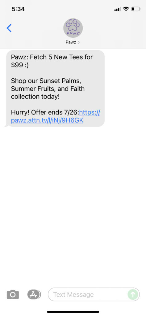 PAWZ Text Message Marketing Example - 07.24.2021