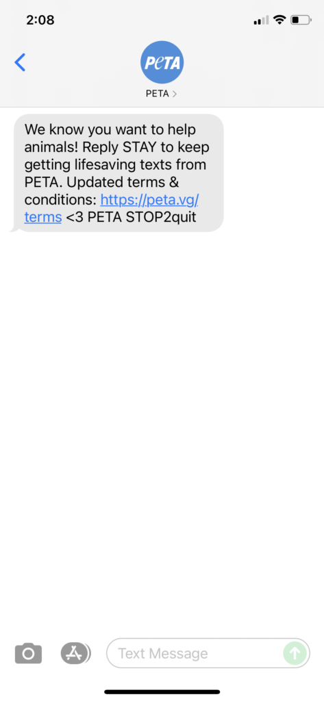 PETA Text Message Marketing Example - 07.13.2021