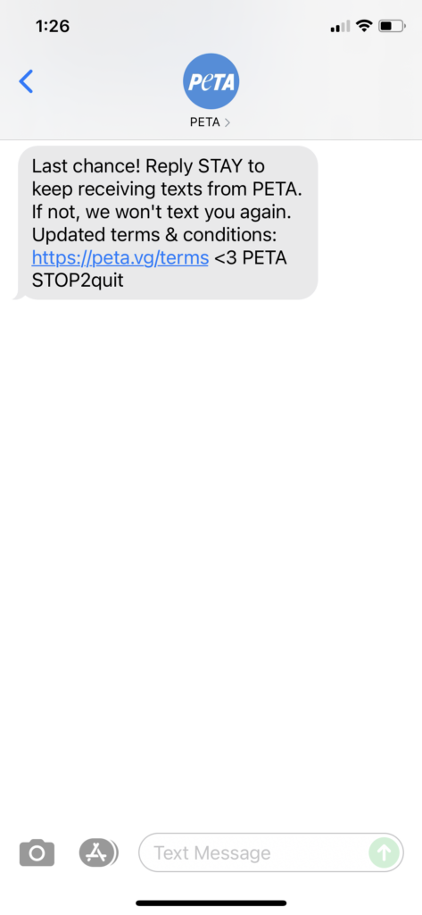 PETA Text Message Marketing Example - 07.15.2021