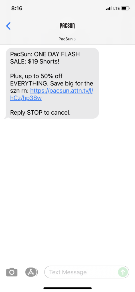 PacSun Text Message Marketing Example - 06.26.2021