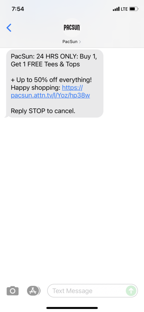 PacSun Text Message Marketing Example - 06.27.2021
