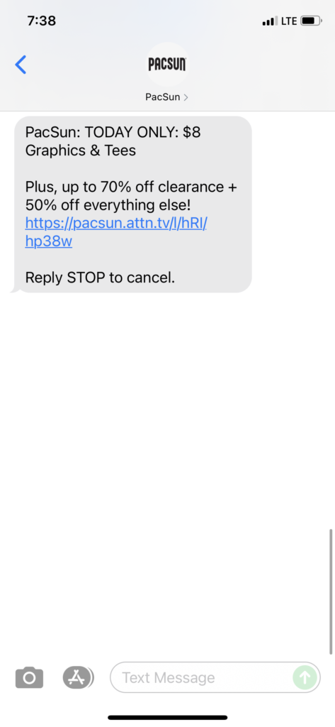 PacSun Text Message Marketing Example - 07.01.2021