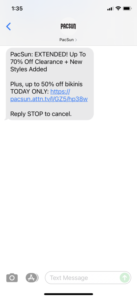 PacSun Text Message Marketing Example - 07.05.2021