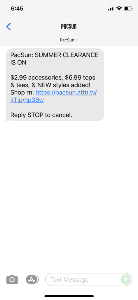 PacSun Text Message Marketing Example - 07.07.2021