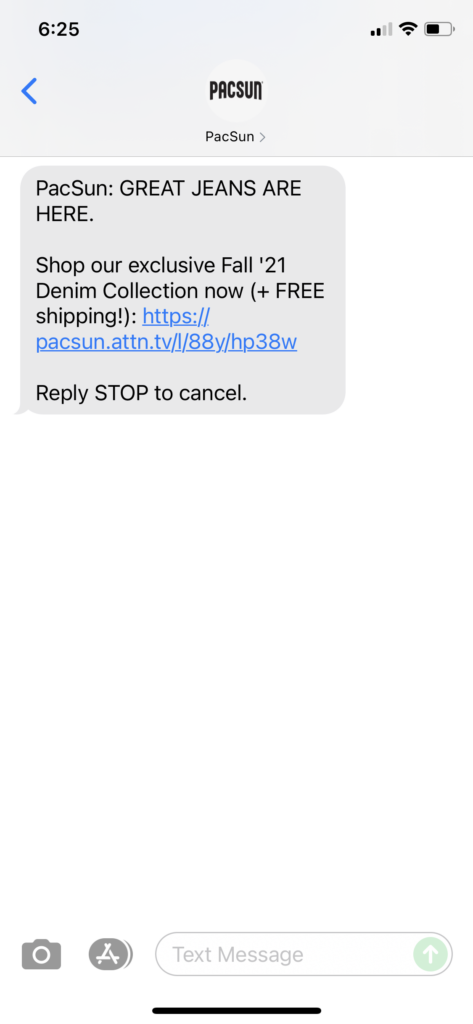 PacSun Text Message Marketing Example - 07.08.2021