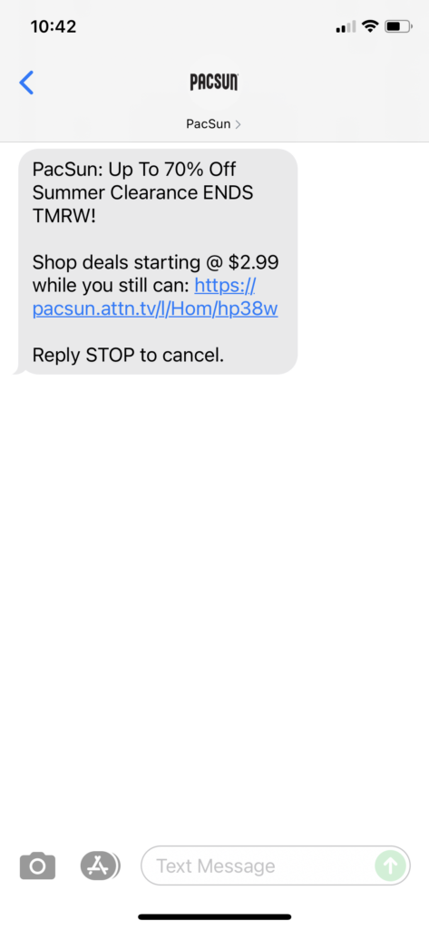 PacSun Text Message Marketing Example - 07.10.2021