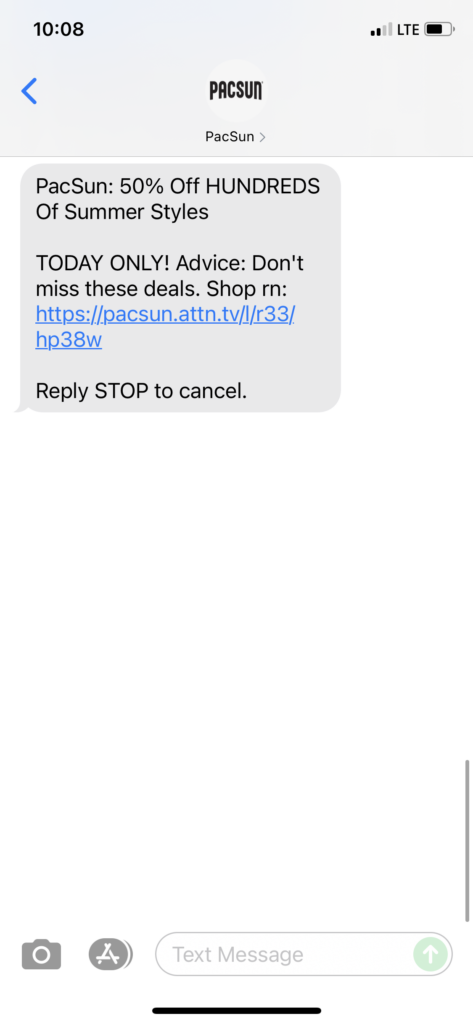 PacSun Text Message Marketing Example - 07.13.2021