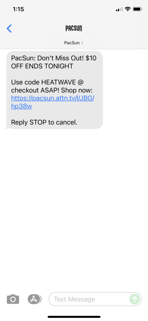 PacSun Text Message Marketing Example - 07.19.2021