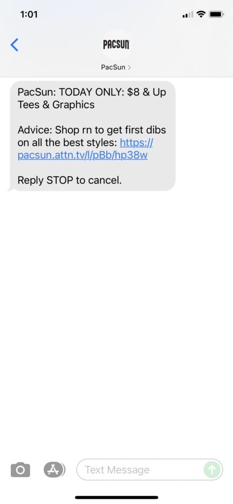 PacSun Text Message Marketing Example - 07.20.2021