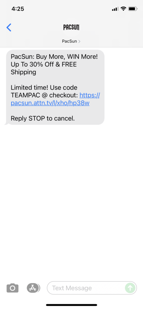 PacSun Text Message Marketing Example - 07.27.2021