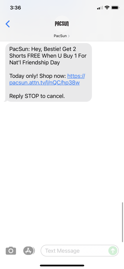 PacSun Text Message Marketing Example - 07.30.2021