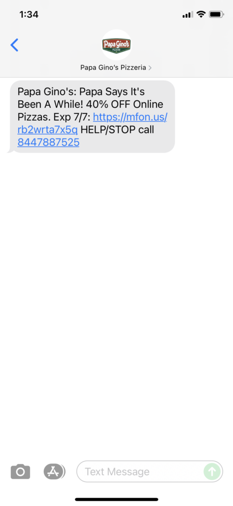 Papa Gino's Text Message Marketing Example - 07.05.2021