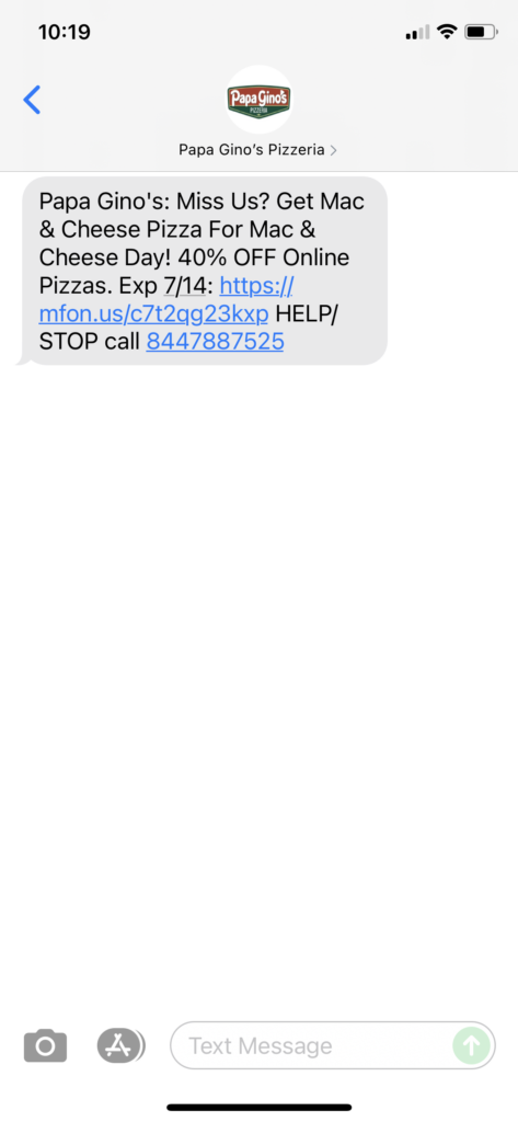 Papa Gino's Text Message Marketing Example - 07.12.2021