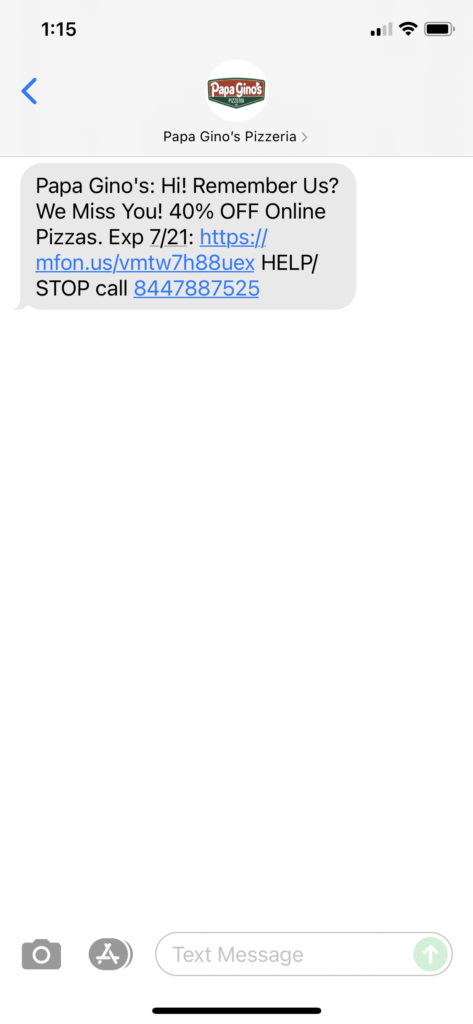 Papa Gino's Text Message Marketing Example - 07.19.2021