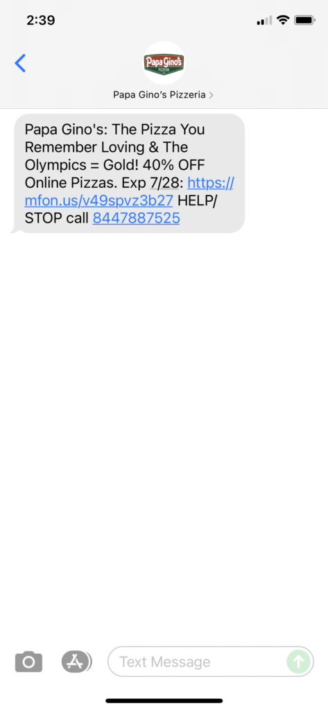 Papa Gino's Text Message Marketing Example - 07.26.2021