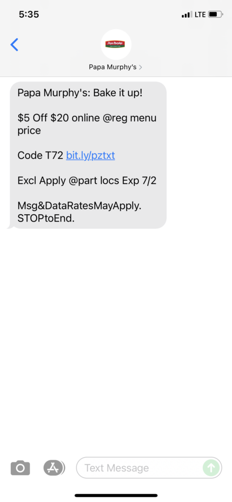 Papa Murphy's Text Message Marketing Example - 07.01.2021