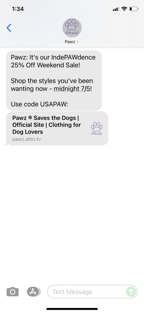 Pawz Text Message Marketing Example - 07.03.2021