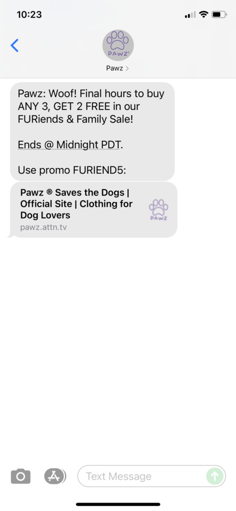 Pawz Text Message Marketing Example - 07.11.2021