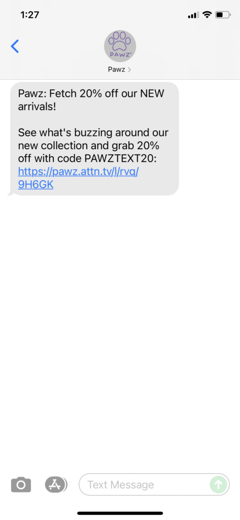 Pawz Text Message Marketing Example - 07.15.2021