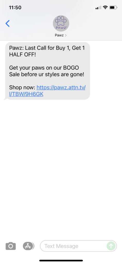 Pawz Text Message Marketing Example - 07.18.2021