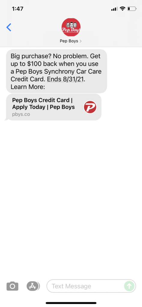 Pep Boys Text Message Marketing Example - 07.02.2021