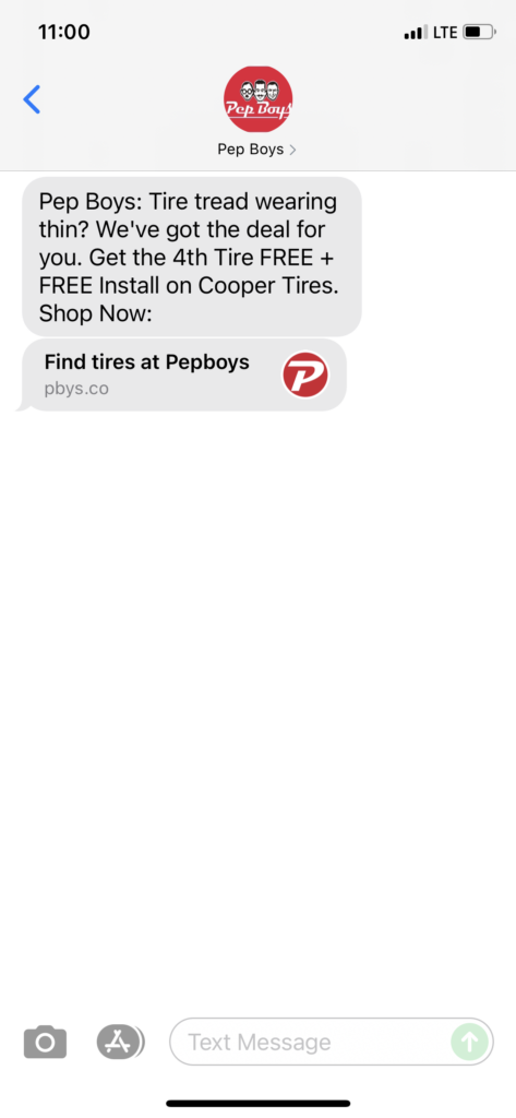 Pep Boys Text Message Marketing Example - 07.09.2021
