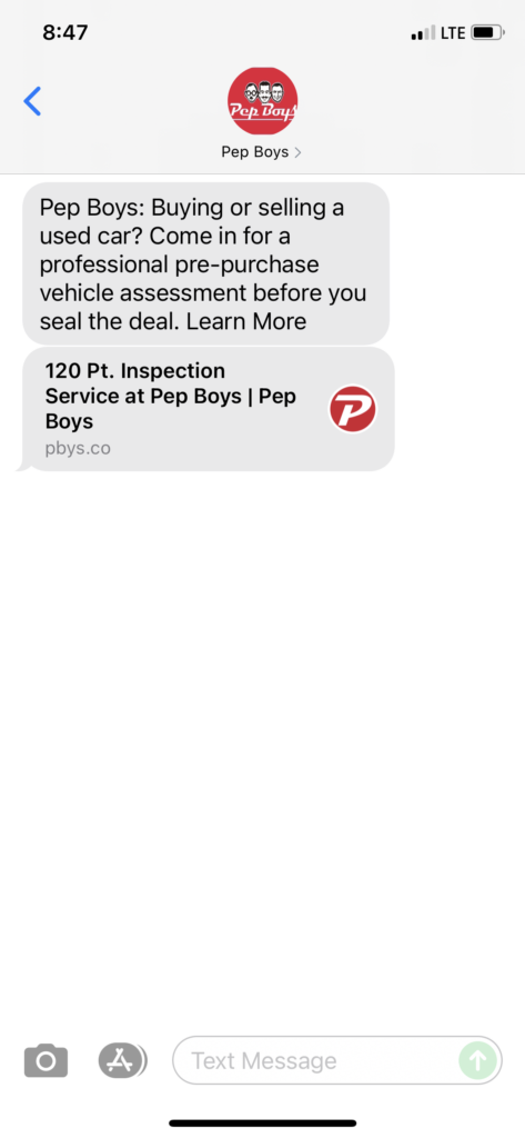 Pep Boys Text Message Marketing Example - 07.18.2021