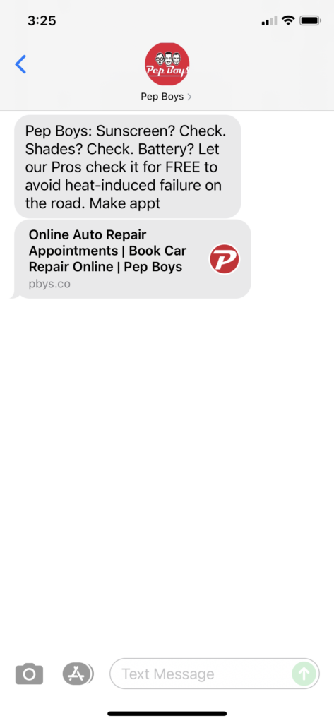 Pep Boys Text Message Marketing Example - 07.30.2021