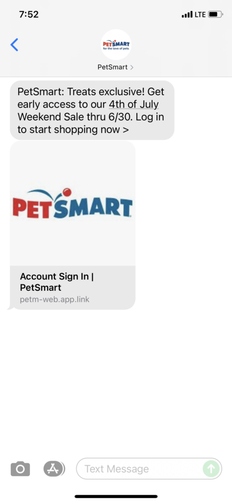 PetSmart Text Message Marketing Example - 06.27.2021