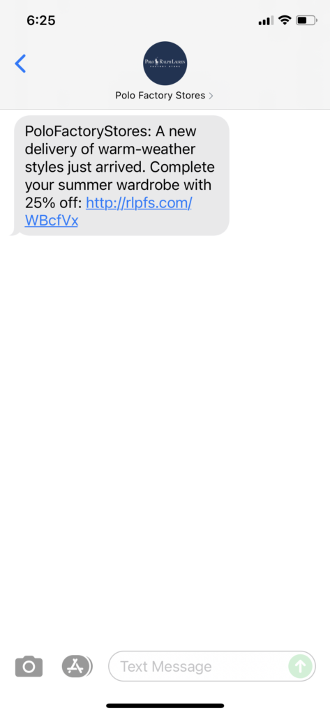 Polo Factory Stores Text Message Marketing Example - 07.08.2021