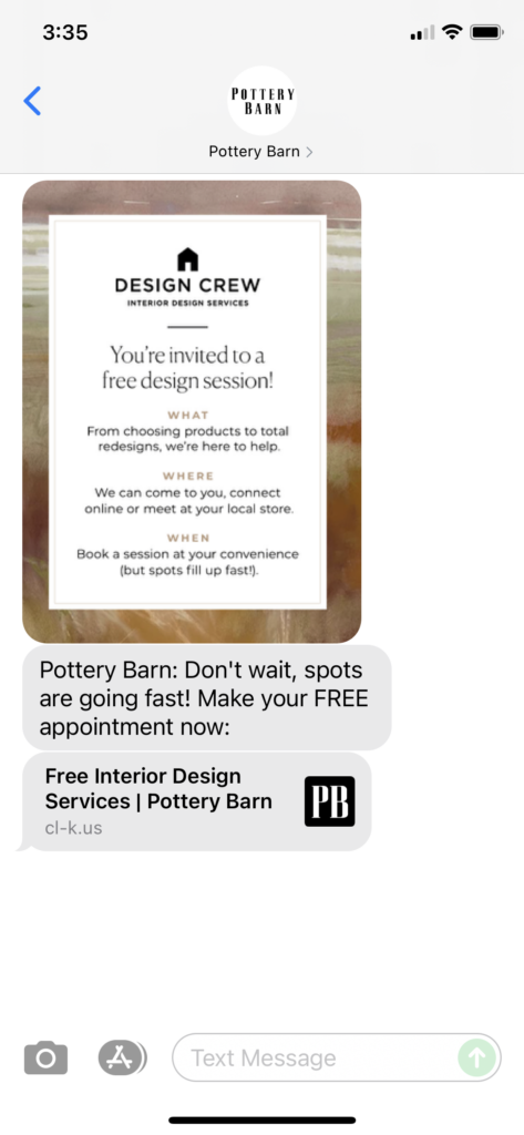Pottery Barn Text Message Marketing Example - 07.30.2021