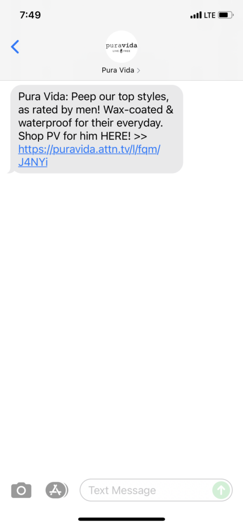 Pura Vida Text Message Marketing Example - 06.27.2021