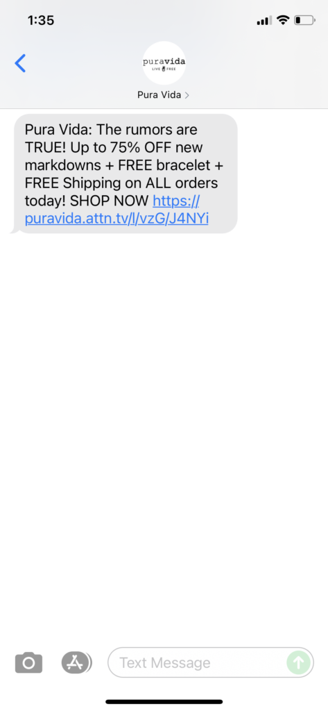 Pura Vida Text Message Marketing Example - 07.03.2021