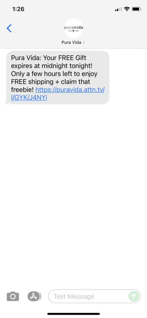 Pura Vida Text Message Marketing Example - 07.05.2021