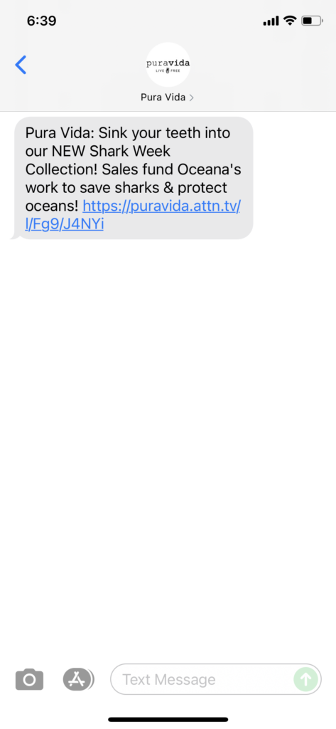Pura Vida Text Message Marketing Example - 07.07.2021