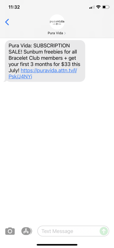 Pura Vida Text Message Marketing Example - 07.11.2021