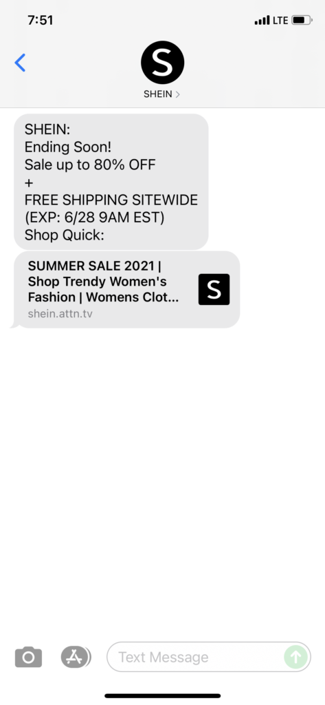 Shein Text Message Marketing Example - 06.27.2021